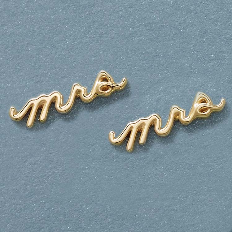 14K Gold "Mrs" Script Stud Earrings
