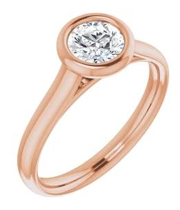 14K rose gold solitaire engagement ring with bezel set round lab grown diamond center stone and polished band