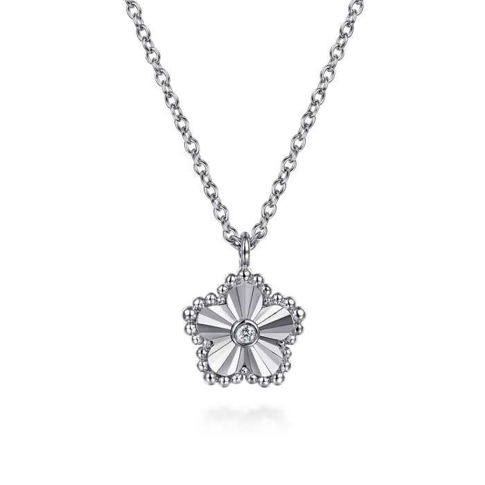 Sterling Silver Diamond Bujukan Frame Flower Diamond Cut Pendant Necklace
