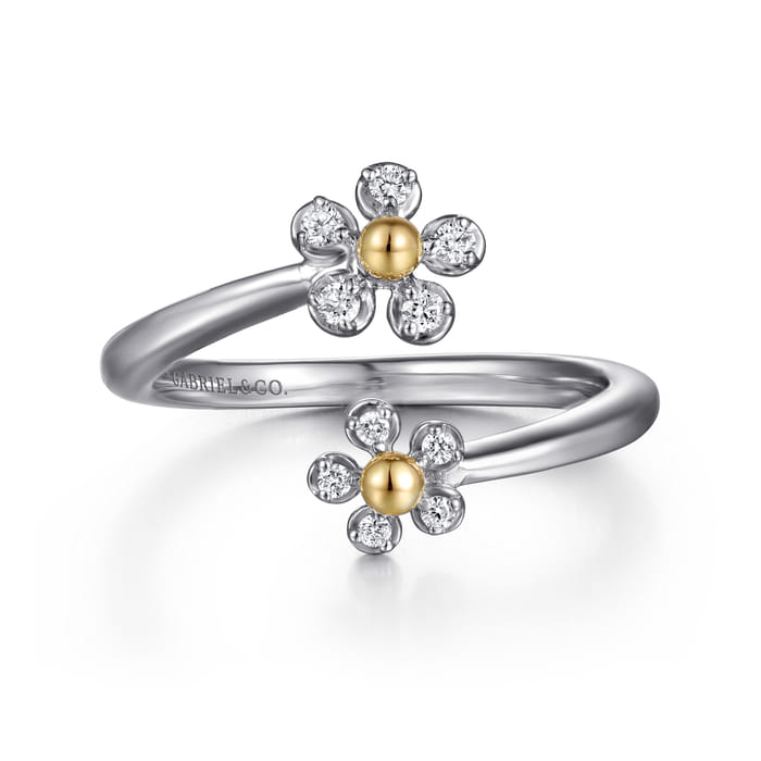 14K Yellow Gold 925 Sterling Silver Diamond Flower Bypass Ring