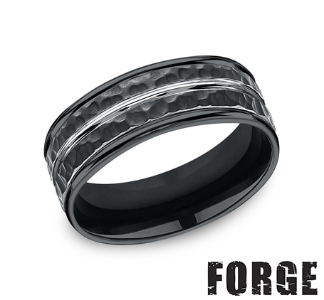 The Lambert 8.00 mm Black Cobalt Hammered Finish & Center Groove Wedding Ring