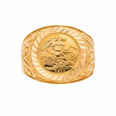 21K Yellow Gold Sovereign Coin Vintage Men's Ring