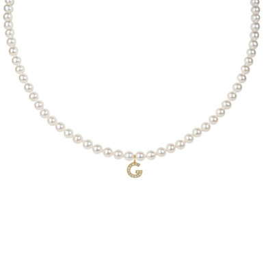 June 14K Yellow Gold Pearl & Pave Diamond Initial Choker Necklace