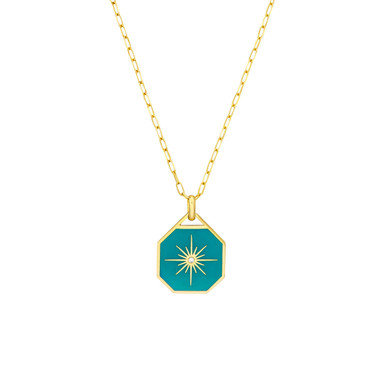 14K Yellow Gold Diamond Star Teal Enamel Octagon Medallion Necklace