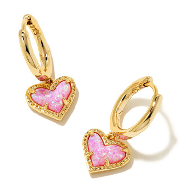 Kendra Scott Ari Heart Huggie Earrings in Gold Bubblegum Pink Kyocera Opal