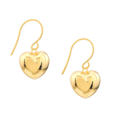14K Yellow Gold Puff Heart Drop Earrings