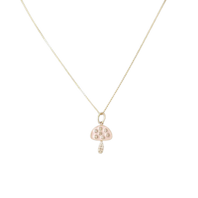 14K Yellow Gold Pink Enamel Diamond Mushroom Pendant Necklace
