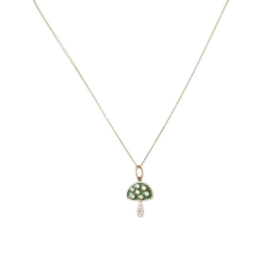 14K Yellow Gold Green Enamel Diamond Mushroom Pendant Necklace