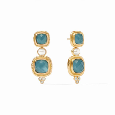 Julie Vos Tudor Statement Earrings in Iridescent Peacock Blue