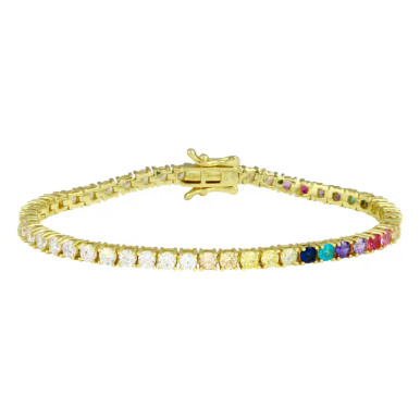 14K Yellow Gold Plated Half Rainbow Tennis Bracelet
