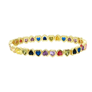 18K Yellow Gold Plated Mini Rainbow Bezel Heart Stretchy Bracelet