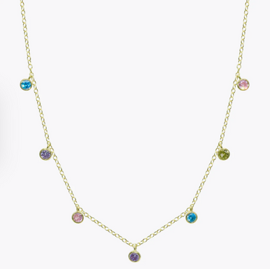 14K Yellow Gold Plated Dangling Rainbow Bezel Necklace