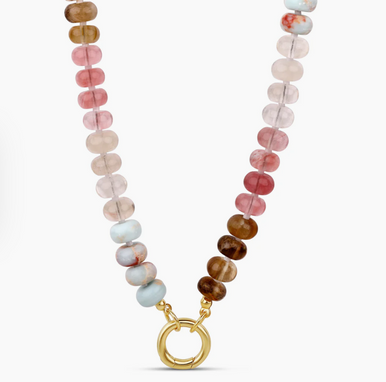 18K Yellow Gold Plated Ocean Stone Beaded Push Clasp Necklace