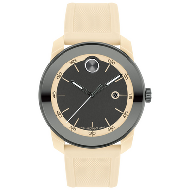 Movado BOLD TR90 Gunmetal and Black Dial Light Sand Silicone Strap Watch 42mm