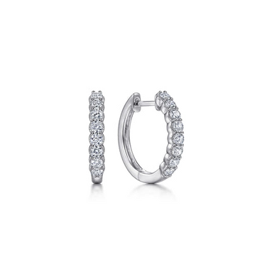 14K White Gold 15mm Share Prong Set Diamond Huggie Earrings