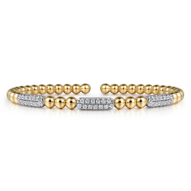 14K White and Yellow Gold Diamond Pave Three Station Bar Bujukan Beads Split Bangle Bracelet