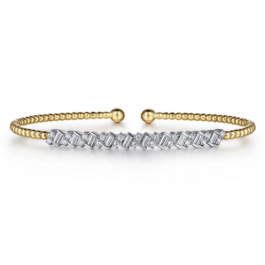 14K White-Yellow Gold Bujukan Baguette Diamond Cuff Bracelet