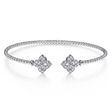 14K Gold Bujukan Split Cuff Bracelet with Diamond Flower Caps