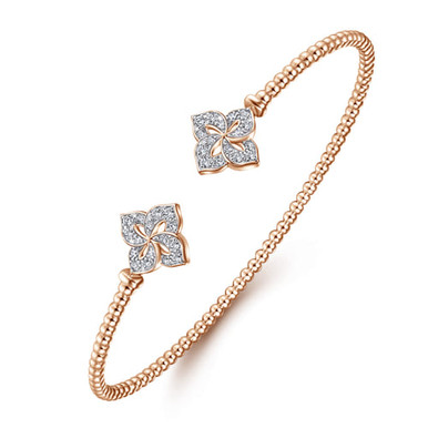 14K Gold Bujukan Split Cuff Bracelet with Diamond Flower Caps