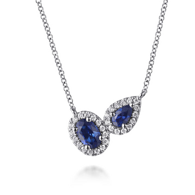 14K White Gold Toi et Moi Gemstone and Diamond Halo Necklace
