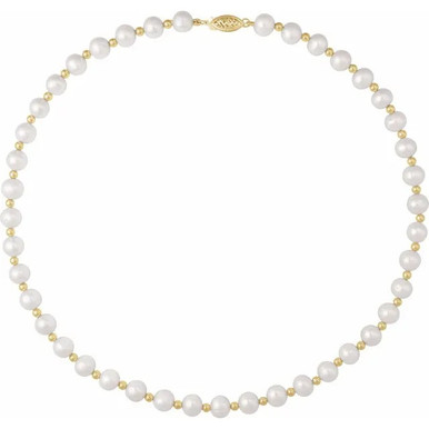 14K Yellow Bead and Cultured White Freshwater Pearl Necklace