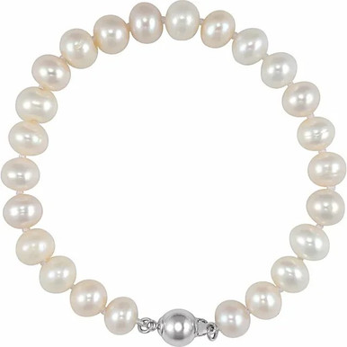 Sterling Silver 8-9 mm Cultured White Freshwater Pearl 7 3/4" Bracelet