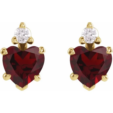14K Garnet Heart Stud Earrings with Natural Diamond Accent