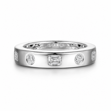Amika Burnish Setting Emerald Cut and Round Diamond Anniversary Band