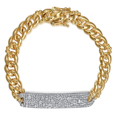 14K White and Yellow Gold 8mm Hollow Cuban Link Chain Bracelet with Pave Diamond ID Plate
