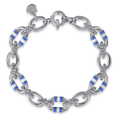 925 Sterling Silver Bujukan Link Chain Bracelet with White and Periwinkle Blue Enamel