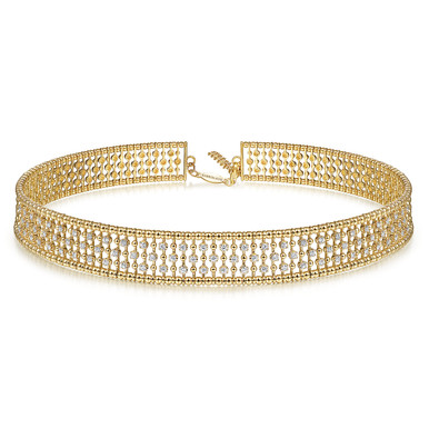 14K Yellow Gold Wide Diamond Station Choker Necklace with Bujukan Beads, 11.5+4 inch