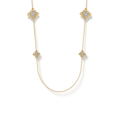 32 Inch 18K Yellow Gold Bujukan and Diamond Floral Station Necklace
