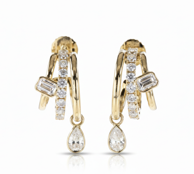 Emerald Pear Round Bezel Multi Lab Grown Diamond Huggie Earrings