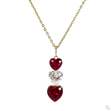 Tri Heart Ruby Gemstone & Lab Grown Diamond Pendant Necklace