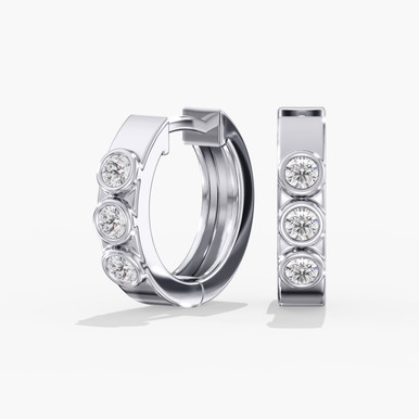 Three Stone Bezel 14K Gold Lab Grown Diamond Huggie Hoop Earrings (1/4 TCW)