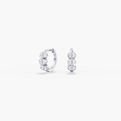 Three Stone Oval Bezel 14K Gold Lab Grown Diamond Huggie Hoop Earrings (1/2 TCW)
