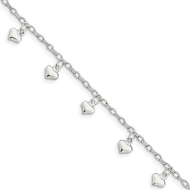 Sterling Silver Puffed Heart Charm Anklet