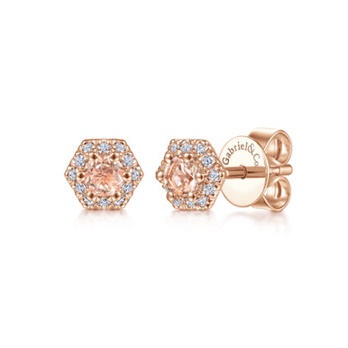 14K Rose Gold Hexagonal Morganite and Diamond Halo Stud Earrings (1/15 TCW)