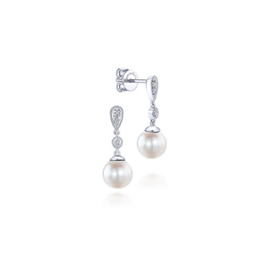 14K White Gold Vintage-Inspired Pearl Diamond & Drop Earrings (1/15 TCW)