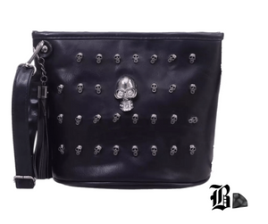 Main image: front-facing bag on pure white background
Secondary: back view showing zipper pocket
Lifestyle: worn crossbody on person (edgy outfit)
Detail: close-up of skull studs and texture