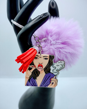 Double 'Toke' Acrylic Keychain with Fur and Tassel Charm