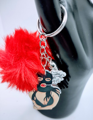 Lady Bandit Acrylic Keychain with Faux Fur and Tassel Charm