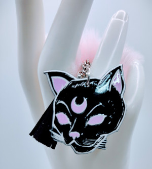 Mentor Luna Cat Acrylic Keychain with Fur and Tassel Charm