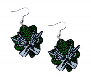 An assorted collection of St. Patrick’s Day-themed acrylic earrings featuring bold, edgy designs with skeletons, skulls, shamrocks, and leprechaun-inspired elements. Each pair showcases vibrant green accents paired with black and white detailing for a high-contrast, gothic-meets-festive aesthetic. Designs include skeleton hands, skull faces, clover details, and playful drinking motifs, all hanging from silver fishhook ear wires. This set blends dark humor, alternative style, and holiday spirit for a unique, statement-making accessory lineup.