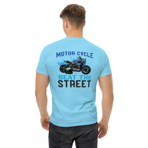 The striking motorcycle design  brings the air of excitement to this comfortable unisex T-shirt.  Get ready to mix comfort and adventure with this unique unisex design.  The image of a motorcycle on the back of this T-shirt with the slogan "Beat the Street" implies the acceptance of open road excitement by the wearer.