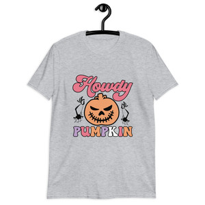 Fall T-shirt featuring a pumpkin and the phrase “Howdy Pumpkin.” Country-inspired autumn design with cozy, rustic charm.