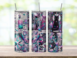 20oz stainless steel tumbler shown upright with full-wrap tarot card illustrations featuring celestial, mystical, and esoteric motifs in detailed linework. Glossy finish with clear sliding lid attached.
