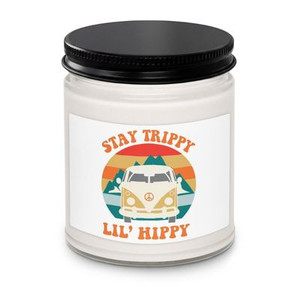 “Stay Trippy Lil Hippy soy candle featuring retro van graphic and boho hippie text on candle jar, full view showing colorful free-spirit design, perfect for hippie decor and cozy home vibes.”