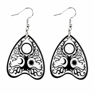 Collection of Ouija planchette acrylic earrings displayed in multiple design variations on a clean background. Each pair features unique lettering styles, symbols, and finishes while maintaining a cohesive dark, witchy aesthetic. The assortment highlights different options within the same occult-inspired theme.