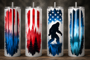 Photos showcase the Rebel Americana Tumblers collection featuring high-resolution full wrap artwork on 20oz skinny stainless steel tumblers. Designs include patriotic Americana themes, rustic textures, freedom-inspired graphics, outdoor lifestyle artwork, edgy rebel aesthetics, and bold statement imagery. Images display multiple tumbler angles, close-up design details, and realistic product mockups to highlight the vibrant sublimation print quality, insulated stainless steel finish, and overall Americana-inspired style.